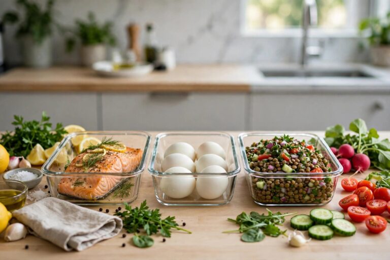 High-protein meal prep with salmon, eggs and lentil salad in glass containers