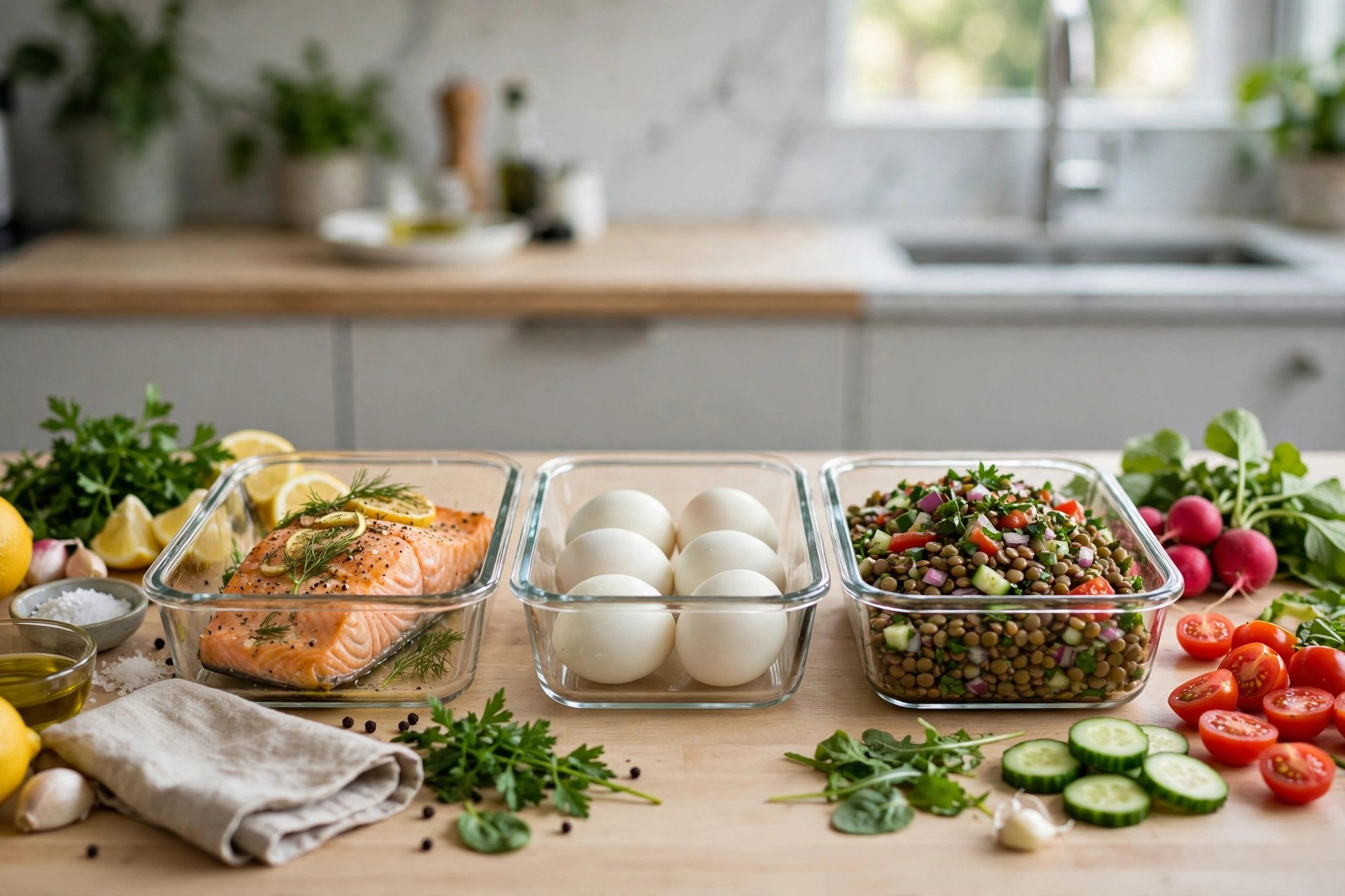 High-protein meal prep with salmon, eggs and lentil salad in glass containers