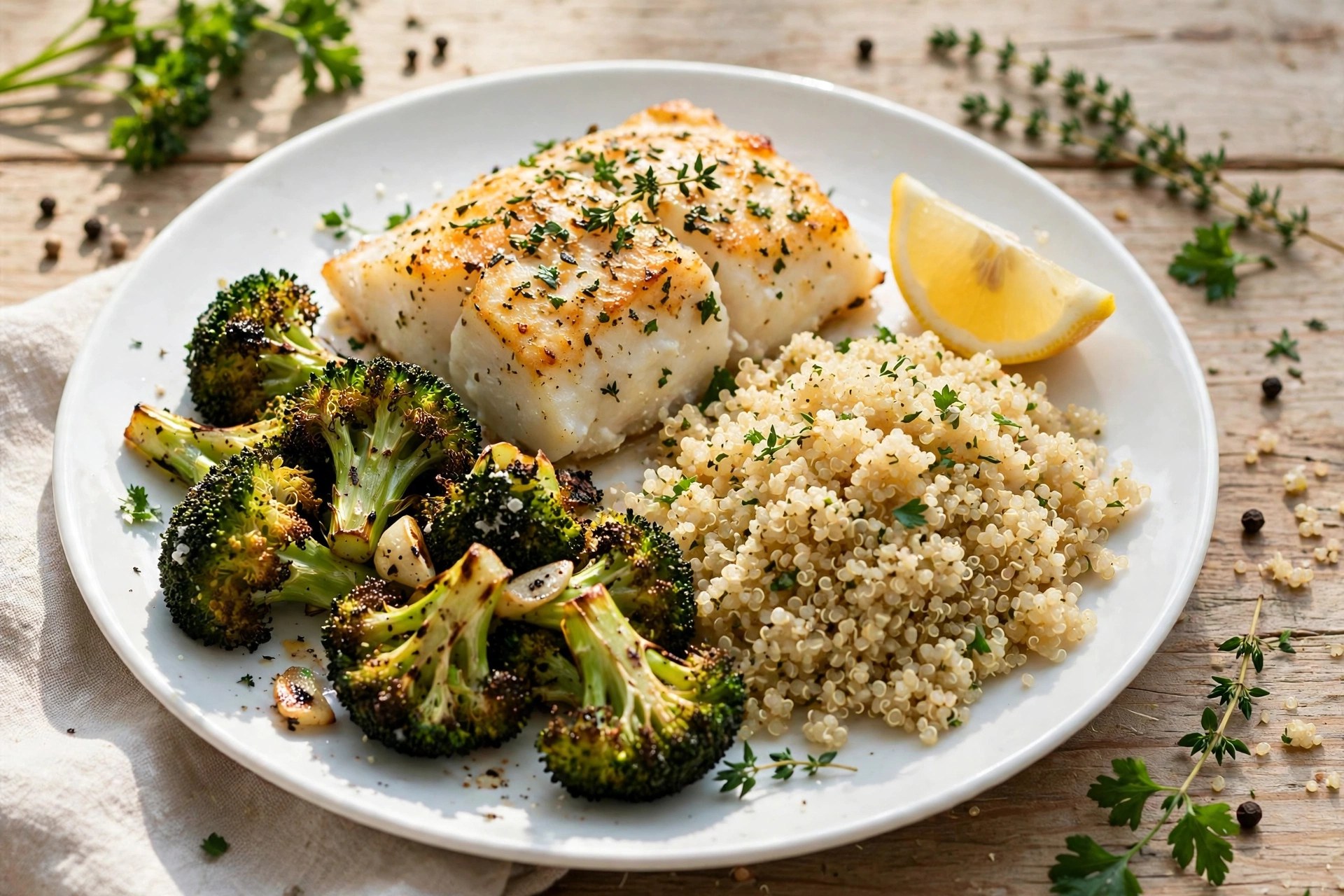 Baked cod fillet with roasted broccoli and quinoa on a plate