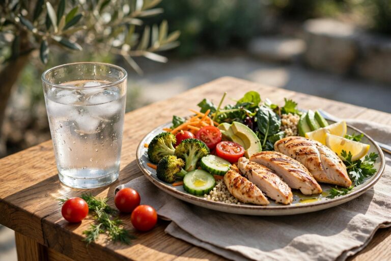 Glass of water next to a healthy meal plate