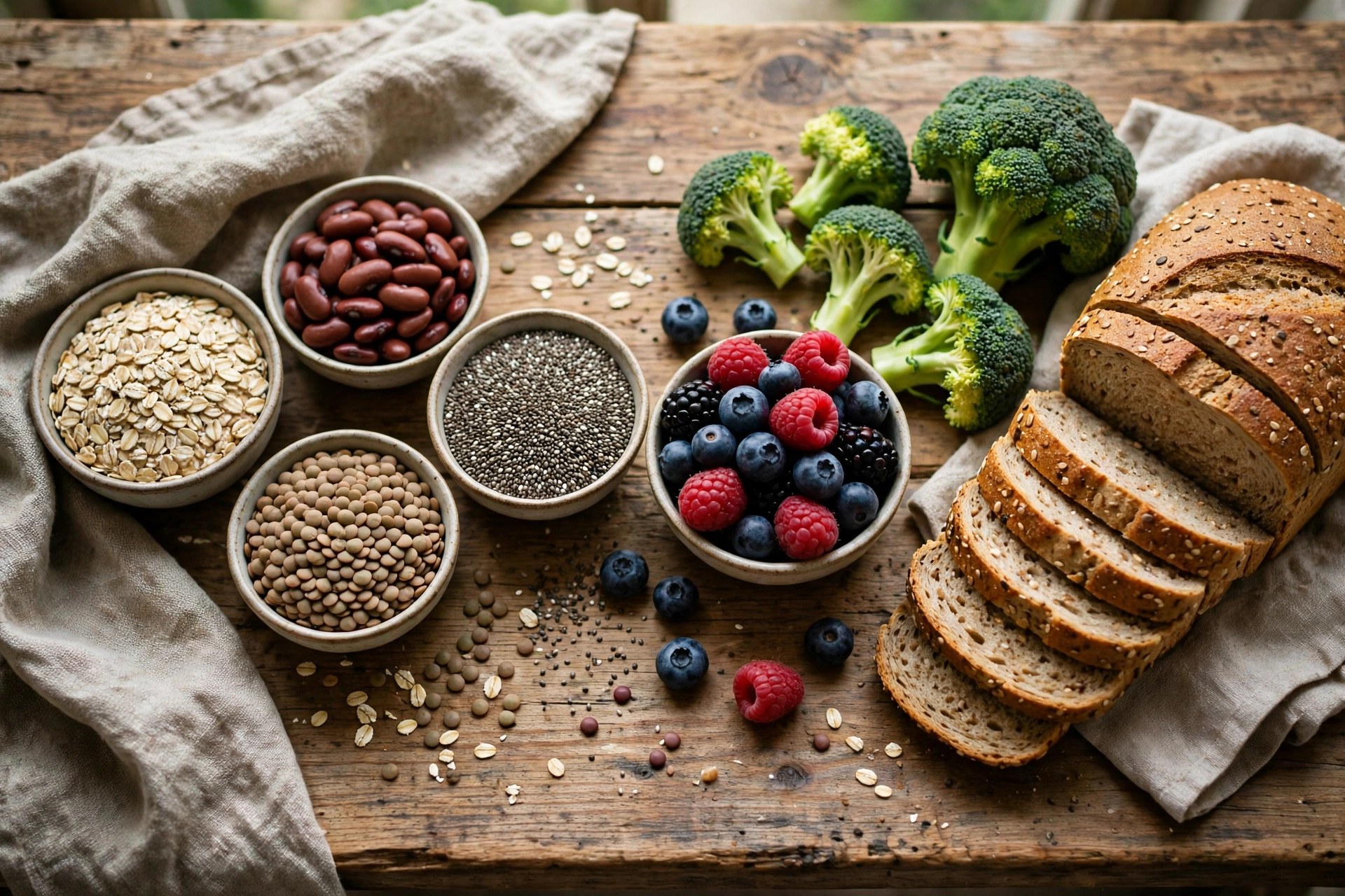 High-fiber foods including oats, beans, lentils, berries and broccoli