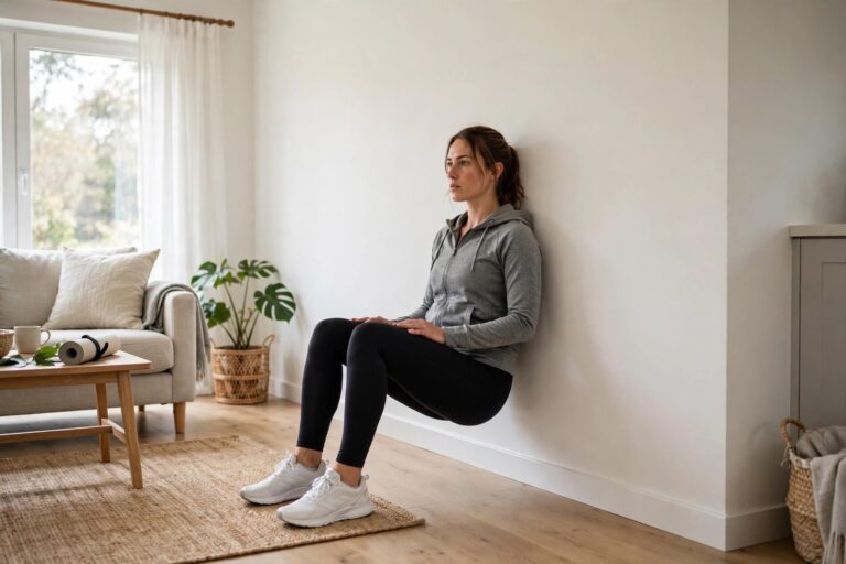 Person doing a wall sit exercise against a wall at home