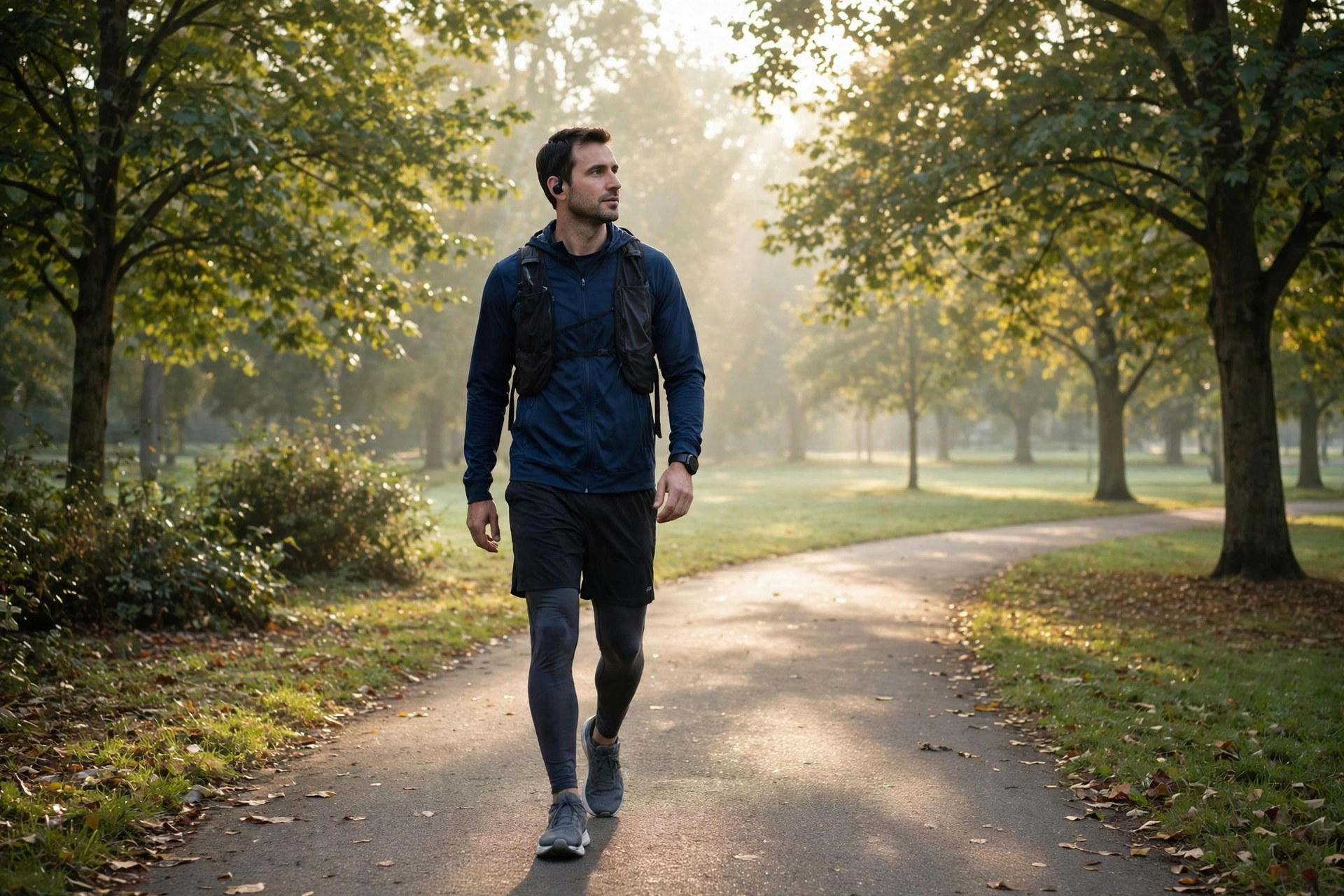 Person walking outdoors on a park path in the morning